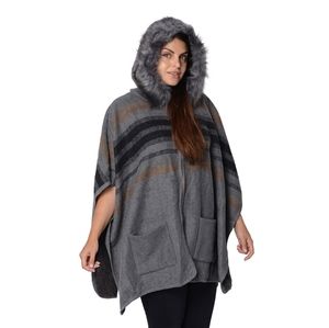 Stripe Pattern Faux Fur Hooded Zip Ruana